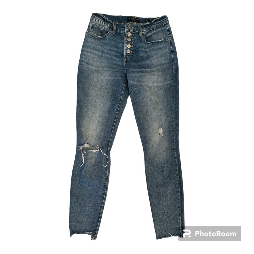 Lucky Brand Blue `Distressed Button Fly Skinny Jeans Womens 4/27
